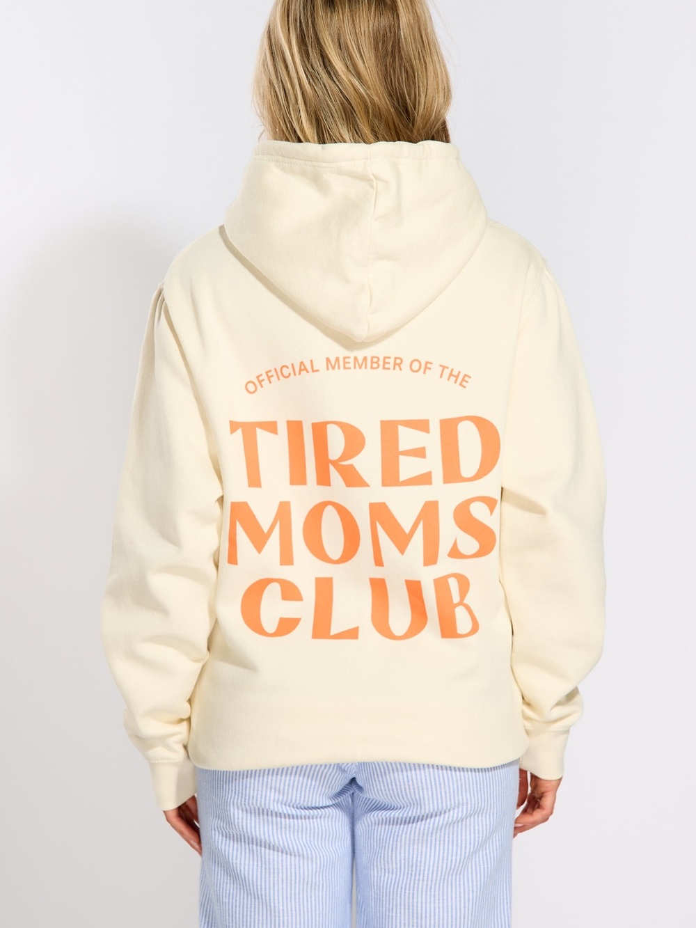 Official Member of Tired Moms Club Graphic Hoodie Cream with Orange Print Large
